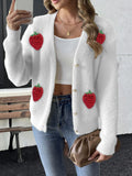 Pbong  Ladies Faux Fur Jacket Pearl Button Embroidered Strawberry Splicing Open Cardigan Polyester Street Style Winter Sweater