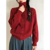 High Neck Button Down Cardigan Women Long Sleeve Knitted Sweater Jacket Cozy Knitwear Teen-girl Fall Winter Basic Chic Knitwear