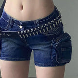 Pbong  Motorcycle Style 3D Pockets Ultrashort Jeans Women Sexy Low-Waisted Tight Denim Shorts Woman Streetwear Trendy Y2K Jean Shorts