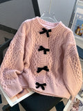 Preppy Style Bow Sweet Cardigan Women Cute Long Sleeve Solid Knitted Sweaters Casual Vintage O Neck Lady Fall Winter Top Outwear