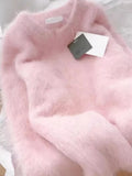 Sweet Elegant Pink Sweater Women Loose Faux Mink Cashmere Knitted Jumpers Soft Vintage Long Sleeve O Neck Japan Cute Tops