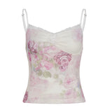 Pbong  Vintage Floral Printed Lace Patchwork Mesh Camis Fashion Summer Chic Mini Applique Tops Women All Match Holiday Clothing