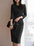 Autumn Women V Neck 3/4 Sleeve Bodycorn Dress Fashion Casual Solid Knee-length Vestido Robe Femme Elegant Work Sundress