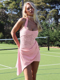 Lace Splice Halter Mini Dress Lace Up Irregular Ruched Sleeeveless Dress Elegant Sexy See Through Slim Party Outfits Lady
