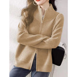Women's Zip Up Sweater Cardigan Cozy Knit Stand Collar Zipper Front Plain Sweater Jacket Female Korean Chic Fall Winter Outfit