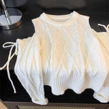 Pullovers Woman Cut-out Shoulder with Bow Long Sleeve Crew Neck Crop Sweater Cable Knit Cut-out Jumper Knitted Top Y2K