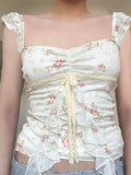 Floral Print Ruffles Prairie Chic Halter Tops Women Cute Sweet Bow Lace Up Causal Gentle Women Camisole Shirts