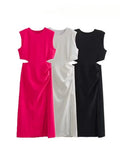Pbong   Elegant Rose Red Party Dresses for Woman Ruched Sleeveless Split Cut Out Midi Dress Ladies Commuting Streetwear Vestido