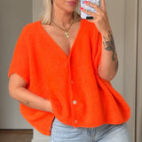 Pbong  Women's Y2K Basic Loose Fit Short Sleeve Knitwear Cardigan Solid Color Button Down Deep V-Neck Lightweight Sweaters