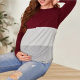 Pbong  Pregnant Women's Soft and Comfortable Round Neck T-shirt Trendy Loose Breastfeeding Striped Color Blocked Long Sleeved Top