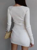 White Long Sleeve Knitted Mini Dress V-Neck Ribbed Bodycon Sweater Dress Elegant Short Autumn Winter Dresses Women