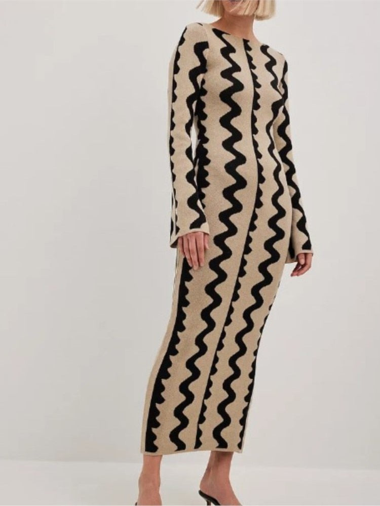 Fashion Leopard Print Women Slim Dress Striped Long Sleeve O Neck High Waist Female Dresses Spring Wave Party Evening Robe
