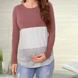 Pbong  Pregnant Women's Soft and Comfortable Round Neck T-shirt Trendy Loose Breastfeeding Striped Color Blocked Long Sleeved Top