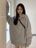 Korean Fashion Gray Oversized Sweatshirts Women Harajuku Zip Up Hoodie Vintage Loose Casual Polo Collar Pullover Tops