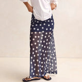 Pbong  Women Polka Dots Skirts Elegant Fashion High Rise Elastic Waist Semi See Through Flowy Long Skirt Y2K Streetwear