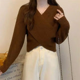 Pbong  New Autumn And Winter Fashion Solid Color Retro Cross V-neck Sweater Temperament Short Irregular Women's Knitted Top