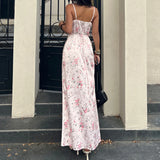 Pbong  Holiday Fashion Floral Printed Lace Patchwork Strap Dress Women's Elegant Slimming A-Line Woven Outfits Summer Long Sundress New