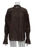 Casual Loose See-Through Shirts Women's Autumn Lapel Long Sleeve Patchwork Blouse Top Streetwear Female Solid Shirts Top