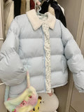 Blue Floral Patchwork Parkas Women Korean Sweet Winter Warm Puffy Coat Casual Long Sleeve Loose Preppy Style Cotton Jacket