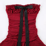 Red Strapless Sexy Mesh Ruched Dress
