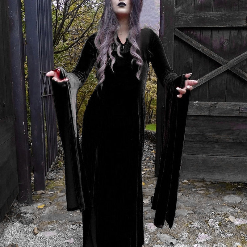Halloween Party Long Dress Black High Waist Flared Sleeve Lace Cutout Gothic Maxi Dress Street Aesthetic Clubwear Maxi Dress