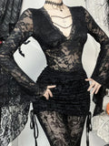 Autumn New Halloween& Party Dark Wind Temperament Lace V-Neck Bead Chain Top Women