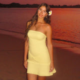 Slim Pleated Strapless Dress For Women Fashion Sexy Splice Sleeveless High Waist Short Dress One Shoulder Dress Elegant