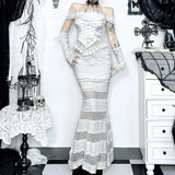 Mermaid Lace-Trimmed Bodycon Fishtail Dress for Women, Off-Shoulder Chain Strap Dress Two-Piece Set