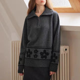 Half Zipper Knit Cardigan Sweater Women Pullovers Cozy Loose Sweater Jacket Collared Long Sleeve Floral Print Fall Winter Outfit