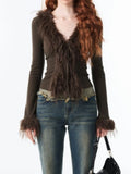 Korean Sexy Fashion Grunge Cardigan Y2k Aesthetic V-neck Jacket Women Harajuku Vintage Bandage Fur Patchwork Coat 2025 Autumn