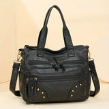 Pbong  Vintage Large Capacity Tote Bag with Multiple Zipper Pockets Rivet Detail Detachable Crossbody Bag Strap Casual Shoulder Purse