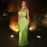 Pbong  Summer Trendy Tassel Splice Wrap Dress Empire Waist Ankle-Length Sleeveless Hanging Neck Style Women's Dress New Arrival