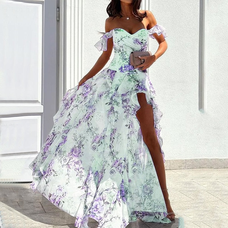 Women Maxi Dresses Summer Elegant Sexy Floral Print Petal Sleeves Split Wavy Edge Chic Chiffon Formal Wedding Dress