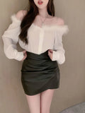 Pbong  Korean Luxury Faux Fur Off Shoulder White Shirt Women Backless Chain Straps Sexy Basic Blouse Female Button Up Aesthetic Top