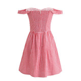 Pbong  Holiday Plaid Print Off Shoulder Mini Dress Retro Women Short Sleeve Low Waist Ruched Hem Ball Gown Swing Mini Robe Party