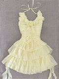 Pbong  Slim Sweet Ruffles Dress Women Fashion 3D Floral Casual Elegant Mini Dress Summer Sexy Sleeveless Lady Yellow Cake Vestidos
