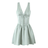 Pbong  Summer Elegant Chic Mini Dresses Green V-neck Backless Women Sleeveless Sexy Tiered Ladies Party Dress Vestidos New