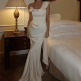 Summer Backless Ribbon Sleeveless Evening Dress Women Sexy Simple Design Satin Long Dress Elegant Skew Neck Slim Mermaid Dresses