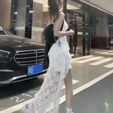 Pbong  Women's Spaghetti Strap Asymmetrical Lace Maxi Dress Irregular Hem Sheer Mesh Casual Party Evening Long Dress