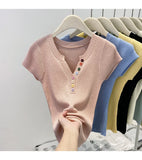 Summer V-Neck Short Sleeve Thin Tshirts Women Pastel Colored Button Knitted T-Shirts Teen-girl Stretch Fitted Tees Y2K Clothing