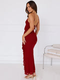 Spaghetti Strap Ruffle Sexy Maxi Dress Women Summer New Lace-up Sleeveless Backless Split Bodycon Long Dress Elegant