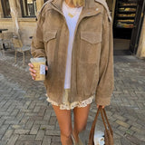 Chic Suede Women Bomber Jacket Women Long Sleeve Pockets Straight Loose Coat Fashion 2025 Fall Winter Streetwear Outwear
