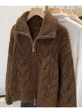 Women Autumn Winter New Lazy Style Loose Knitted Cardigan Retro Solid Color Double Zipper Turn-down Collar Sweater New Women Top