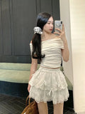 Coquette White Lace Short Skirt Ruffle Women Sweet Bow Kawaii Mini Skirts Patchwork Layered A-line Aesthetics Skirt