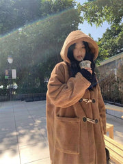 Lamb Wool Coat Women's Knee Over Mid Length Autumn/Winter New Cowhorn Button Japanese Loose Cotton Coats for Women
