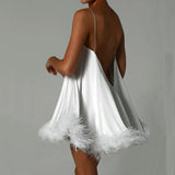Pbong  Women Solid Color Feather Trim V-Neck Chain Spaghetti Straps Sling Mini Dress Summer Sleeveless Backless vestido