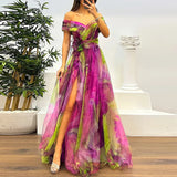 Casual Pleats Women's Long Dresses New Summer Mesh Printed Lady Evening Dress Fashion Strapless Slim Fit Split Party Dress