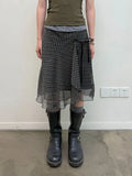 Vintage Plaid Mesh Skirts Women Japanese Asymmetrical Mid Skirt Y2k Harajuku Lace Up Short Skirts Aesthetics Elegant