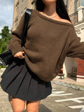 Pbong  Elegant Long Sleeve Overhead Sweater Loose Lazy Style Shoulder Bared Knitted Top Versatile Comfortable Fit Chinese Brand AE