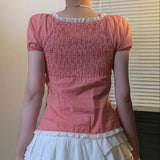 Pbong  Casual Cute plaid Short Bubble Sleeve T-shirt Women's Summer T-shirt New Fashion Lace V-neck Lace up Sexy Split Tops Woman